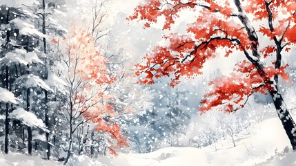 A Watercolor Painting of a Snowy Winter Forest Scene
