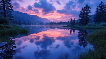 Fototapeta premium Serene Mountain Lake Sunset Reflection Landscape