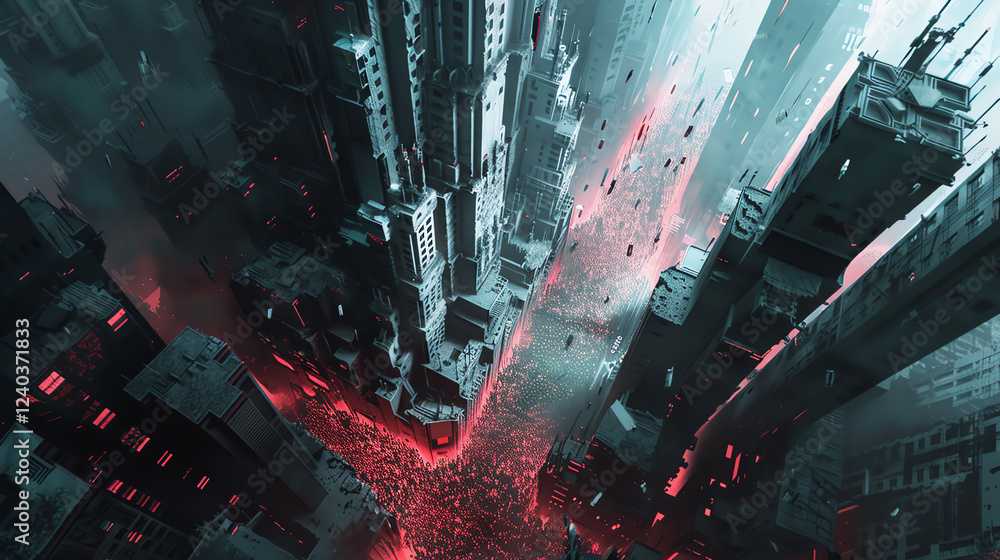 Poster craft a digital rendering capturing a birds-eye view of a dystopian cityscape consumed by robotic da