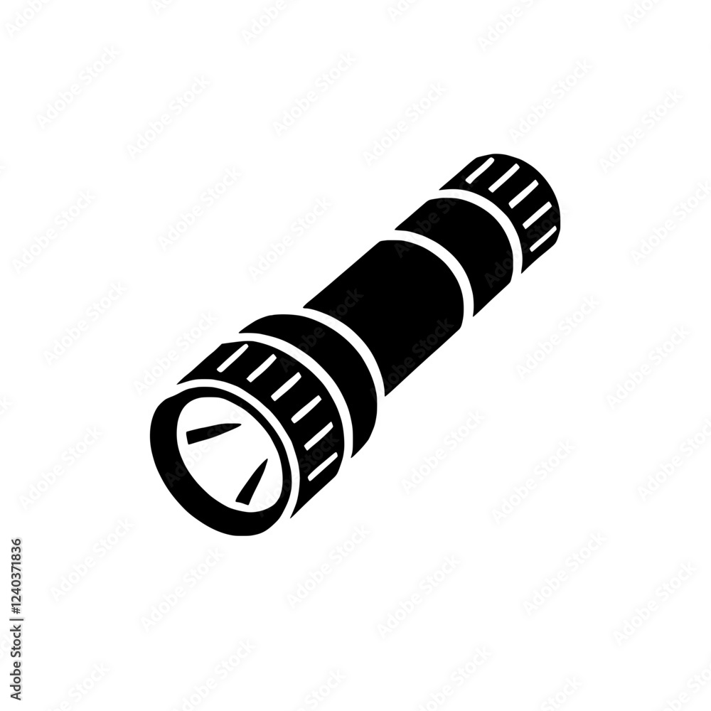 Poster Flashlight Icon:  A simple yet striking black and white icon depicting a flashlight in an isometric view, ideal for UI design, app development, or branding.