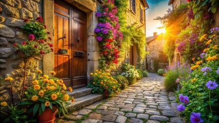 Fototapeta premium Sunlit Cobblestone Lane Adorned with Vibrant Blossoms and a Rustic Wooden Door