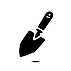 Garden Tool Icon: A simple, bold black icon of a gardening trowel, isolated on a clean background, representing the tools used for planting, gardening, and nurturing life.