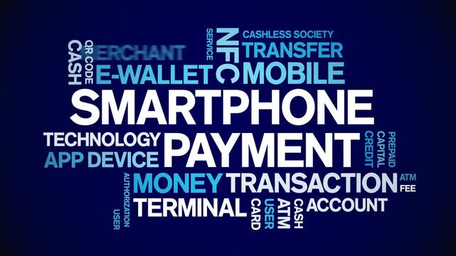 Smartphone Payment animated word cloud;text design animation tag kinetic typography seamless loop.