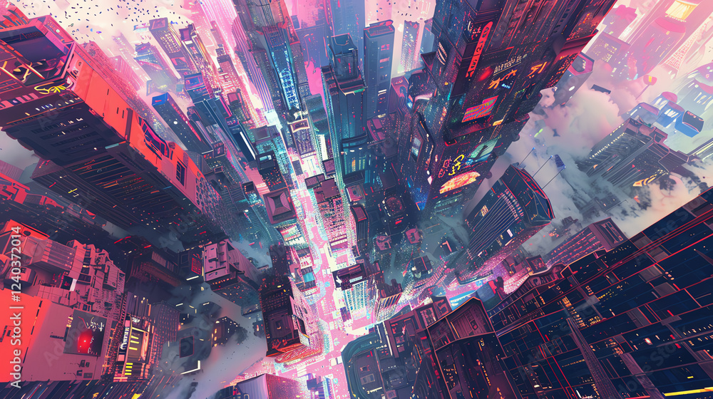 Poster craft a digital rendering capturing a birds-eye view of a dystopian cityscape consumed by robotic da