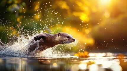 Fototapeta premium Playful Otter Splashing in Golden Hour Light