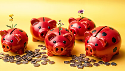 Obraz premium Red Piggy Banks with Plants and Coins