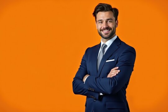 Confident young businessman with dark hair wearing navy blue suit and white shirt smiling with arms crossed, corporate portrait, office, professional success concept, bright orange background, positi