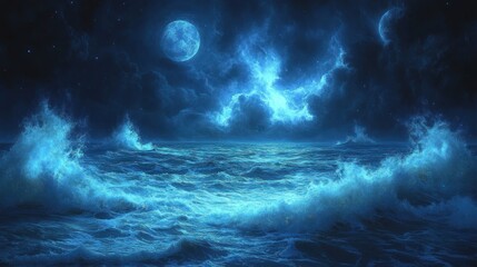 Celestial Ocean Waves Under Two Moons And Starry Sky