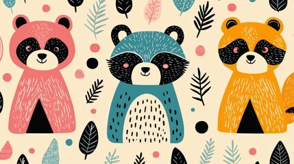 Fototapeta premium Cute and Whimsical Animal Camping Pattern Featuring Adorable Bears and Raccoons Surrounded by Lush Forest Foliage Perfect for Fabric Wallpaper or
