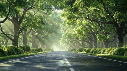 Obraz premium Sunlit Roadway Through Lush Green Tree Lined Avenue
