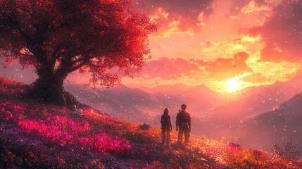Fototapeta premium Two Adventurers Witnessing a Majestic Sunset Over Mountains