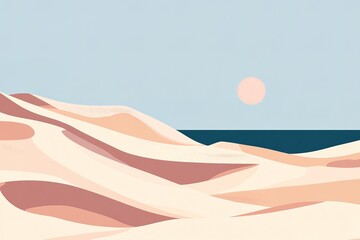 Sun-Drenched Sands: A Flat Desert Landscape Illustration Featuring Majestic Sand Dunes, Striking Cacti, and a Vast, Expansive Sky, Perfect for Travel Brochures, Website Banners, and Desert-Themed     