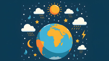 World Meteorology Day illustration! Earth, clouds, sun, and rain. Great for educational themes.