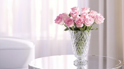 Stunning Crystal Vase with Pink Roses - A Timeless Home Decor Piece
