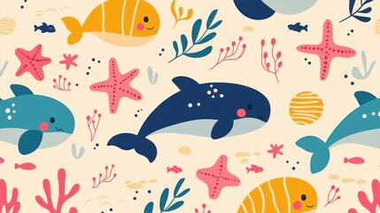 Vibrant Underwater World   Seamless Pattern Featuring Colorful Whales Turtles Starfish and Other Diverse Marine Life  Oceanic Ecosystem Design for Backgrounds Textiles and More