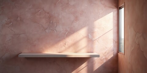 Sunlit Shelf Against Textured Wall, Perfect for Product Display or Interior Design Inspiration