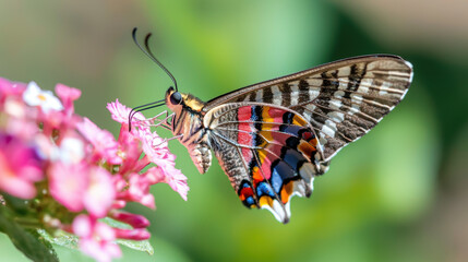 Fototapeta premium Colorful butterfly resting on flower in vibrant garden, showcasing nature beauty and intricate details