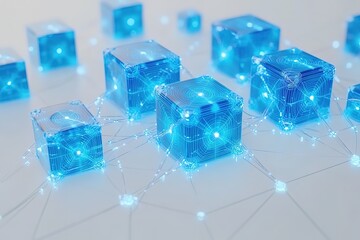 Interconnected Blue Cubes: Network, Technology, Connection, Abstract, Digital, Innovation, System, Structure, Data, Communication, Corporate, Business, Modern, Clean, Simple, Geometric, 3D, Wireframe,