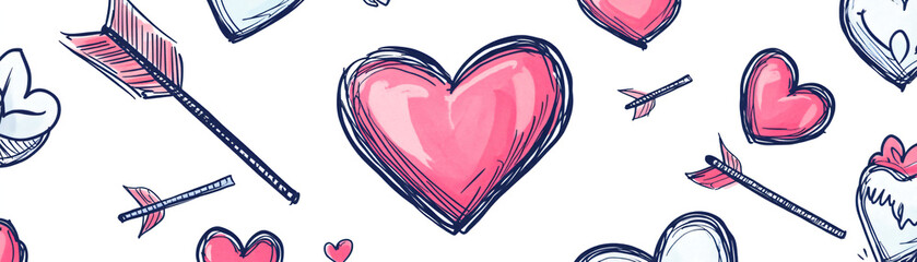 Colorful hand-drawn hearts and arrows on a white background for romantic themes.