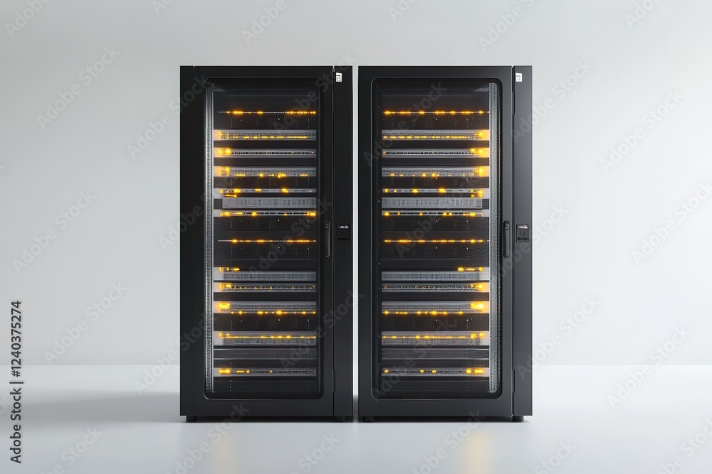 Poster sleek modern data center: rows of powerful servers, high-tech infrastructure, network technology, di
