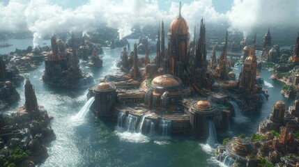 Futuristic Cityscapes Island Architecture Waterfalls