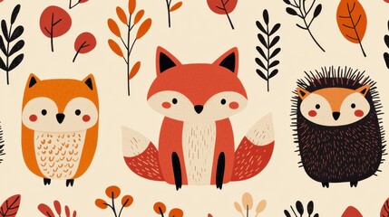 Whimsical Illustrated Pattern Featuring Cute Foxes Hedgehogs and Owls Surrounded by Autumnal Leaves and Branches  Ideal for Children s Decor Gift Wrapping Textile Design and More