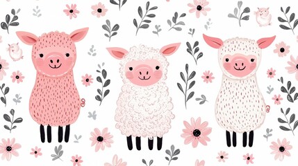 Adorable baby farm animals including sheep lambs and piglets in a fun whimsical and playful floral pattern design  This charming can be used for various purposes such as nursery decor kid s room art
