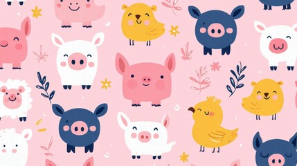 Adorable Baby Farm Animals Seamless Pattern with Playful Piglets and Lambs  Cute Cartoon of Pigs Sheep and Other Barnyard Animals for Nursery Decor Textile Design or Baby Shower Background