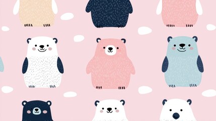 Adorable featuring a group of cute and fluffy arctic animals including polar bears penguins and other sea creatures in a winter wonderland setting with snow ice and a playful cartoon like style