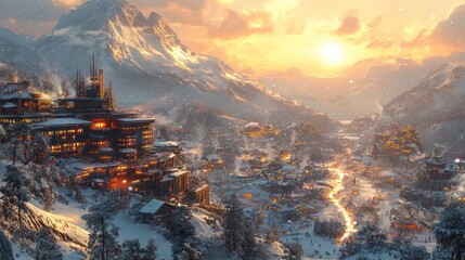 Mountaintop City Sunset Winter Snowscape