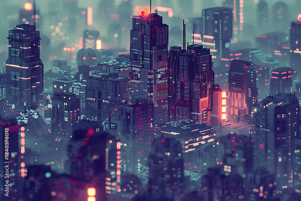 Poster create a dystopian cityscape in a minimalist design with an aerial viewpoint, using pixel art for a 