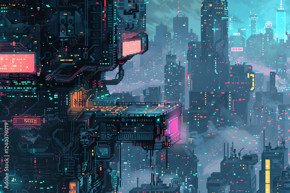 Poster create a dystopian cityscape in a minimalist design with an aerial viewpoint, using pixel art for a 