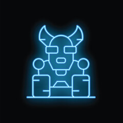 Neon blue glowing robot standing with antennas on its head and connected to devices