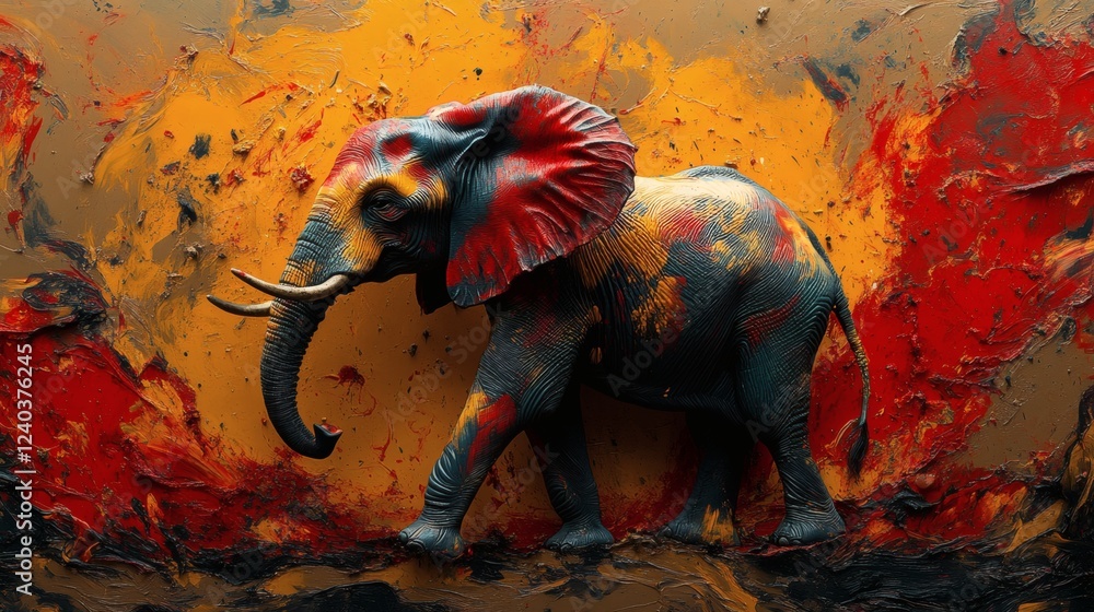 Poster photorealistic image of a tiedye colored elephant with dynamic posture set against a swirling inkblo