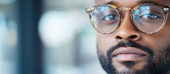 Close up of a businessman wearing smart glasses analyzing data reflected in lenses, showcasing the integration of technology in modern business environments