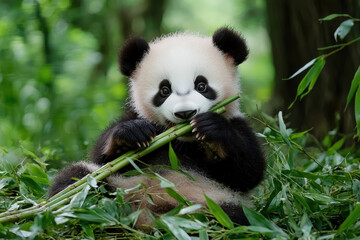 cute baby panda munching on bamboo in lush green forest, surrounded by leaves, radiating joy and playfulness