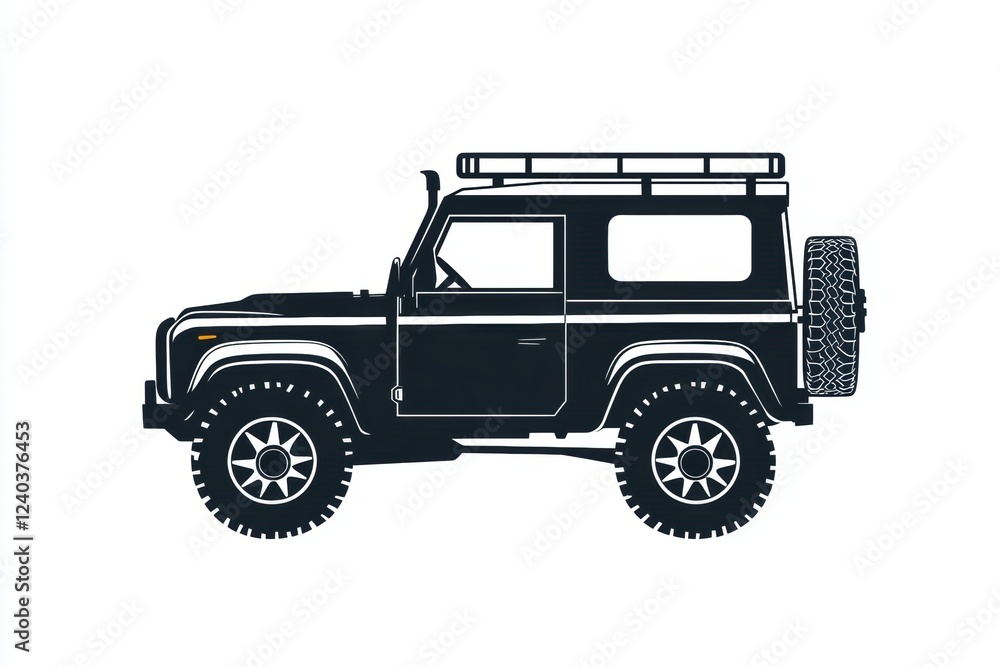 Poster silhouette of an auto vehicle icon showcasing a rugged four wheel drive in profile view suitable for