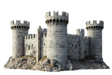 Majestic Medieval Castle: Stone Walls, Mighty Towers, Isolated Fortress. Perfect for fantasy art, game design, historical illustrations, architectural renderings, and medieval-themed projects. A