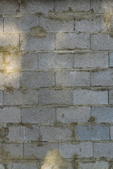 The wall of grey cement blocks is illuminated by sunlight in places, showing the connecting seams and detailed texture.