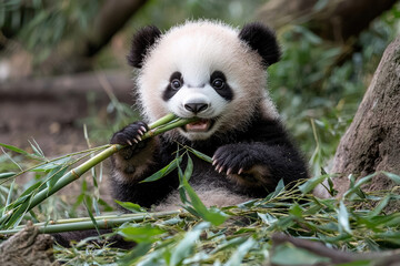 Fototapeta premium cute baby panda munching on bamboo in lush forest setting, showcasing its playful nature and adorable features