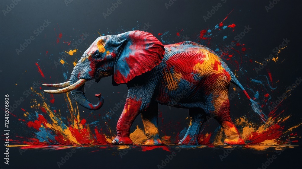 Poster photorealistic image of a tiedye colored elephant with dynamic posture set against a swirling inkblo