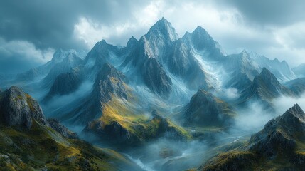 Naklejka premium Majestic Mountain Range Shrouded in Mist and Clouds