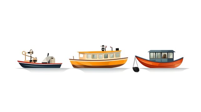 Vibrant icons depicting a paddleboat kayak and rowing boat on a clean white background  These nautical symbols represent various water based activities and modes of transport for leisure