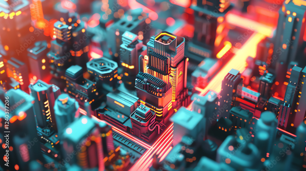 Fototapete design a pixel art composition fusing birds-eye view patterns with blockchain motifs employ cg 3d re
