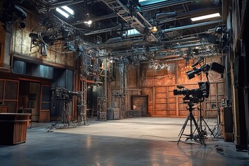 Fototapeta premium Silent Stage: An Empty Film Studio Awaits the Next Scene. Professional film cameras stand ready, poised for action in a spacious, soundproof studio. The perfect backdrop for your film production, 