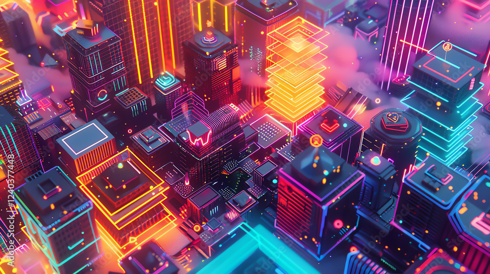 Fototapete design a pixel art composition fusing birds-eye view patterns with blockchain motifs employ cg 3d re