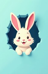 Fototapeta premium Cute cartoon easter bunny peeking through torn paper hole