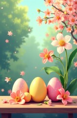 Easter eggs and flowers resting on wooden table in cartoon style