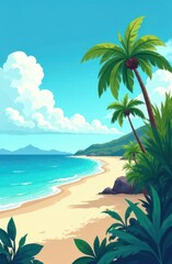 Tropical beach with palm trees and lush vegetation in cartoon style