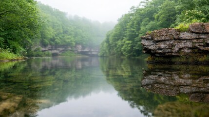 Obraz premium Calm river reflecting misty green forest